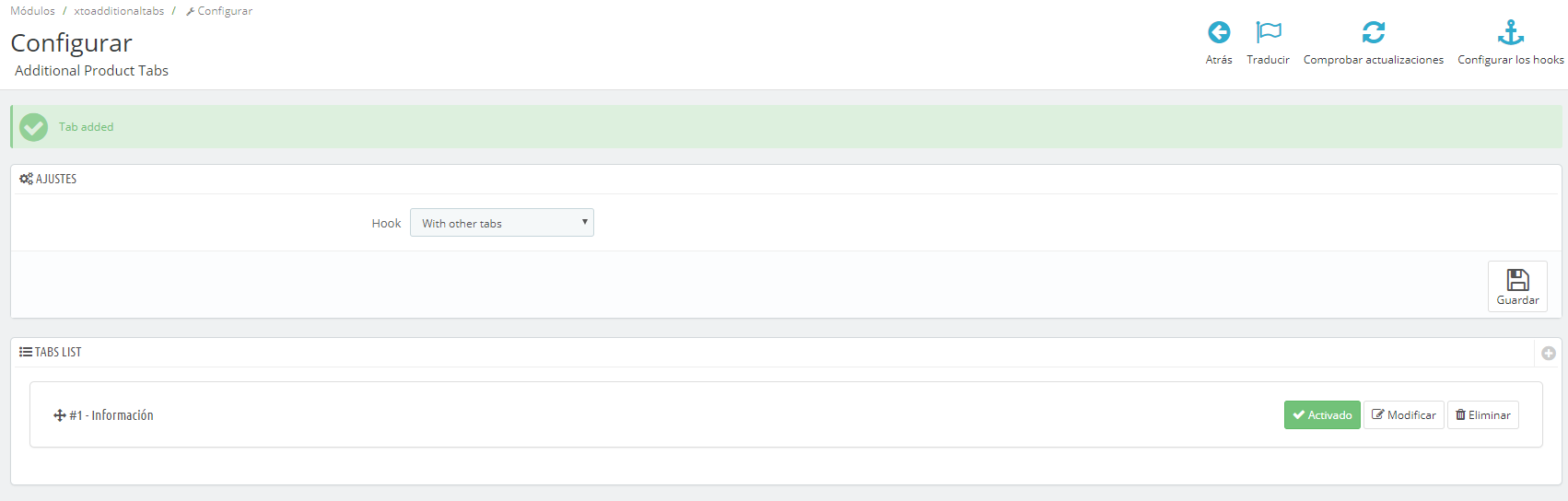Añadir nueva pestaña para los productos Prestashop