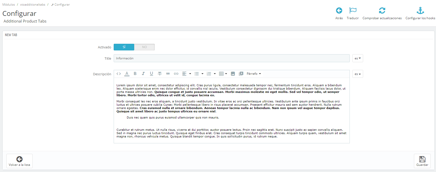 Añadir nueva pestaña para los productos Prestashop