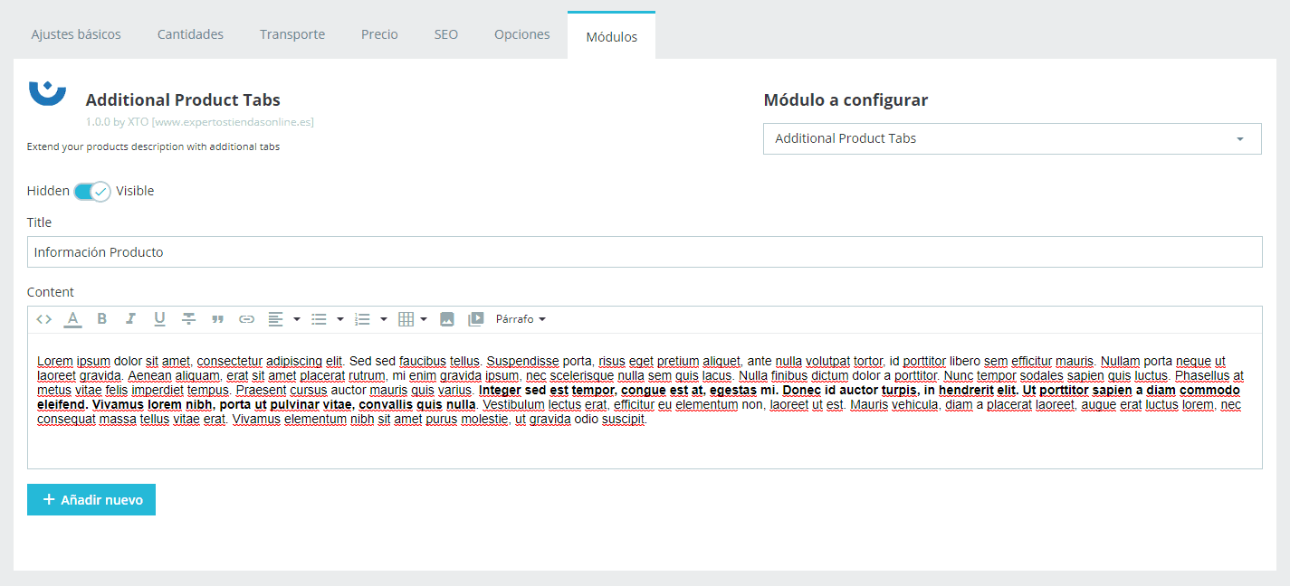 Añadir nueva pestaña exclusiva producto prestashop