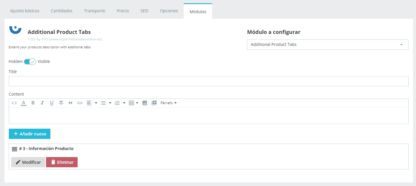 Añadir pestañas información exclusivas producto prestashop
