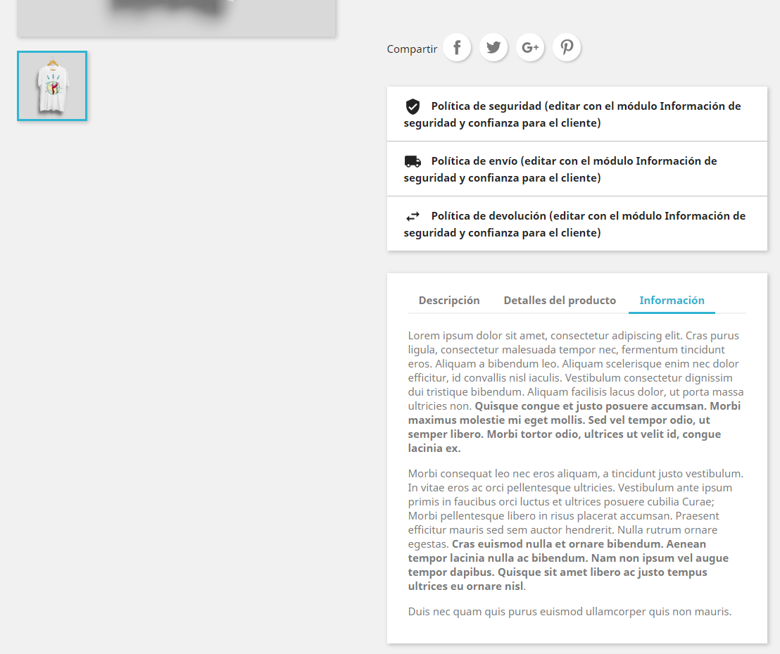 Pestaña desplegada adicional productos Prestashop