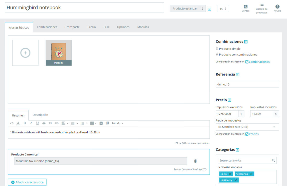 Apartado ficha de producto indicación producto canonical Prestashop 1.7