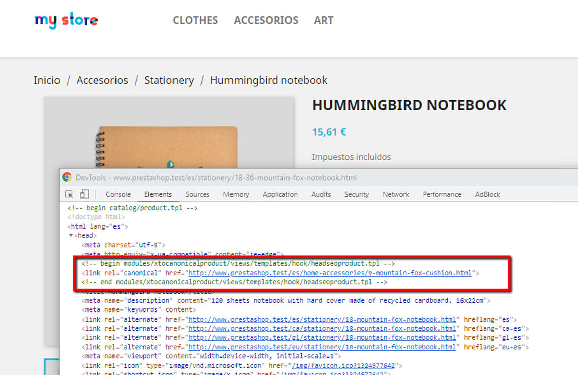 Visualización enlace producto canonical Prestashop 1.7