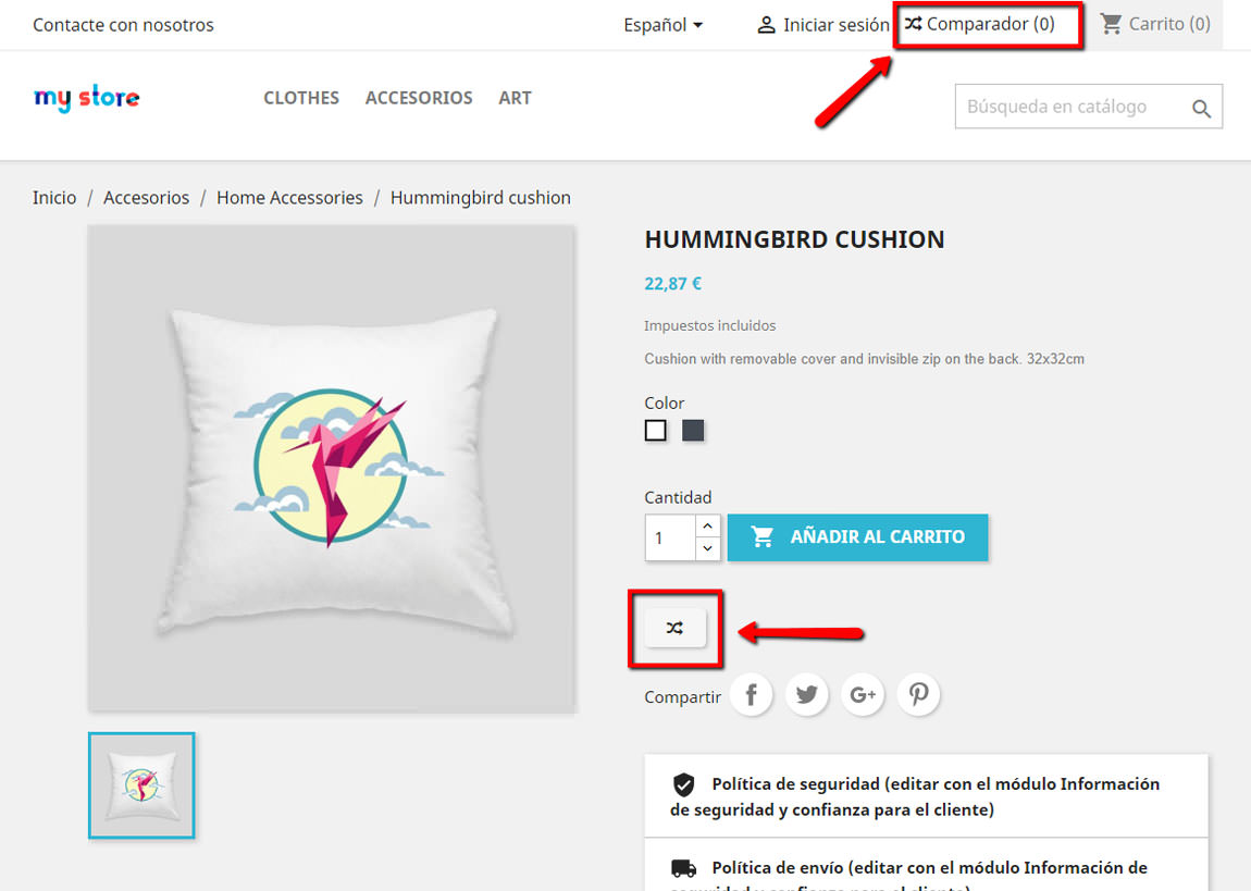 Opciones módulo comparador Prestashop