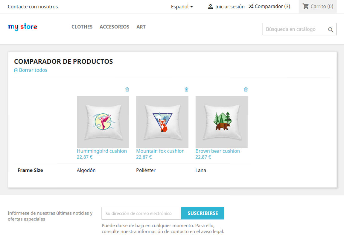 Página comparador de productos Prestashop