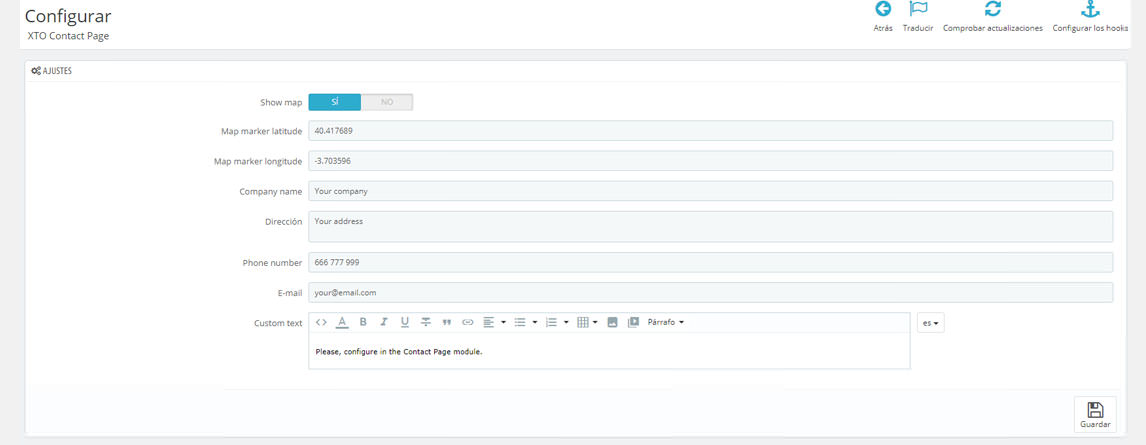 Configuración página contacto Prestashop