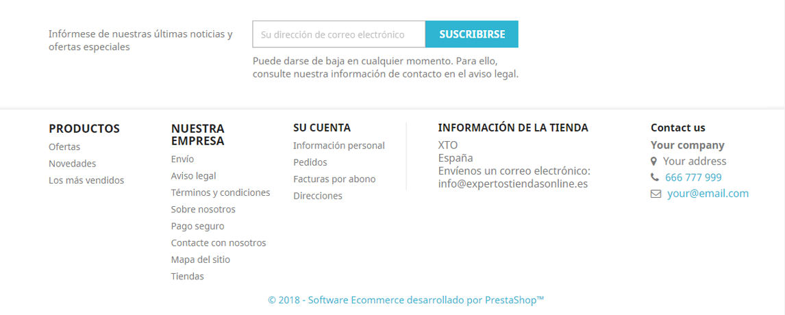 Visualización datos contacto footer Prestashop