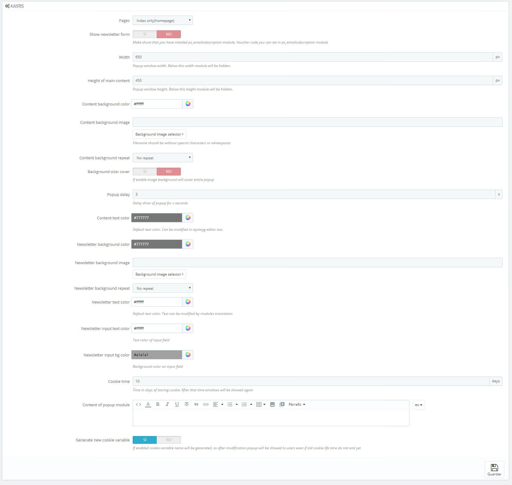 Configuración módulo popup newsletter Prestashop