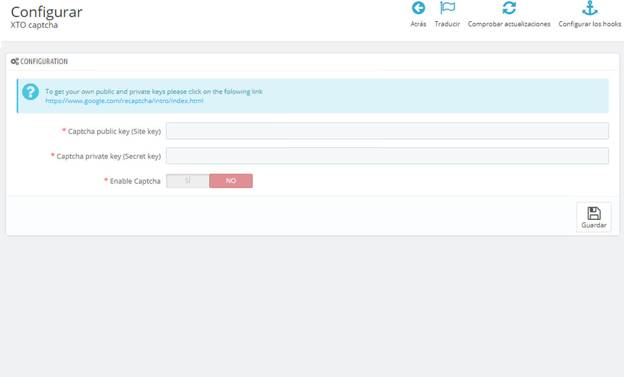 Configuración módulo XTO Captcha Prestashop 1.6