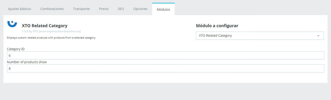 Configuración selección categoría productos relacionados Prestashop