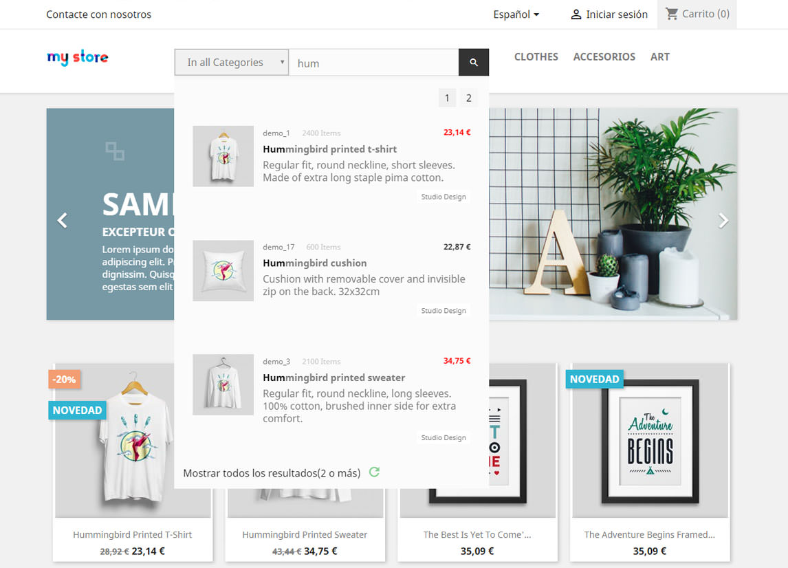 Visualización ajax búsqueda avanzada productos Prestashop