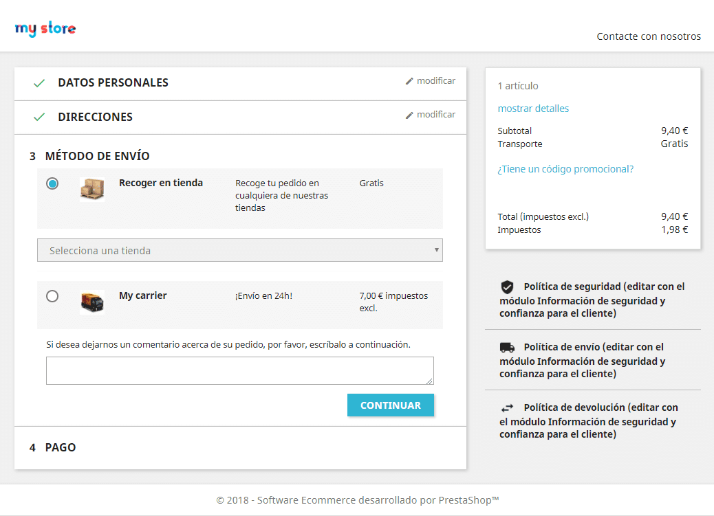 Seleccionar tienda de recogida método de envío