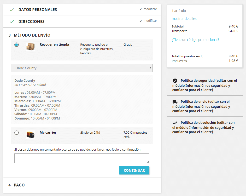 Seleccionar tienda de recogida método de envío