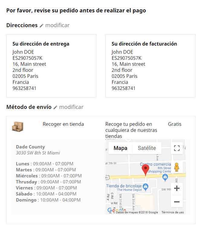 Datos de la tienda seleccionada en la confirmación del pedido