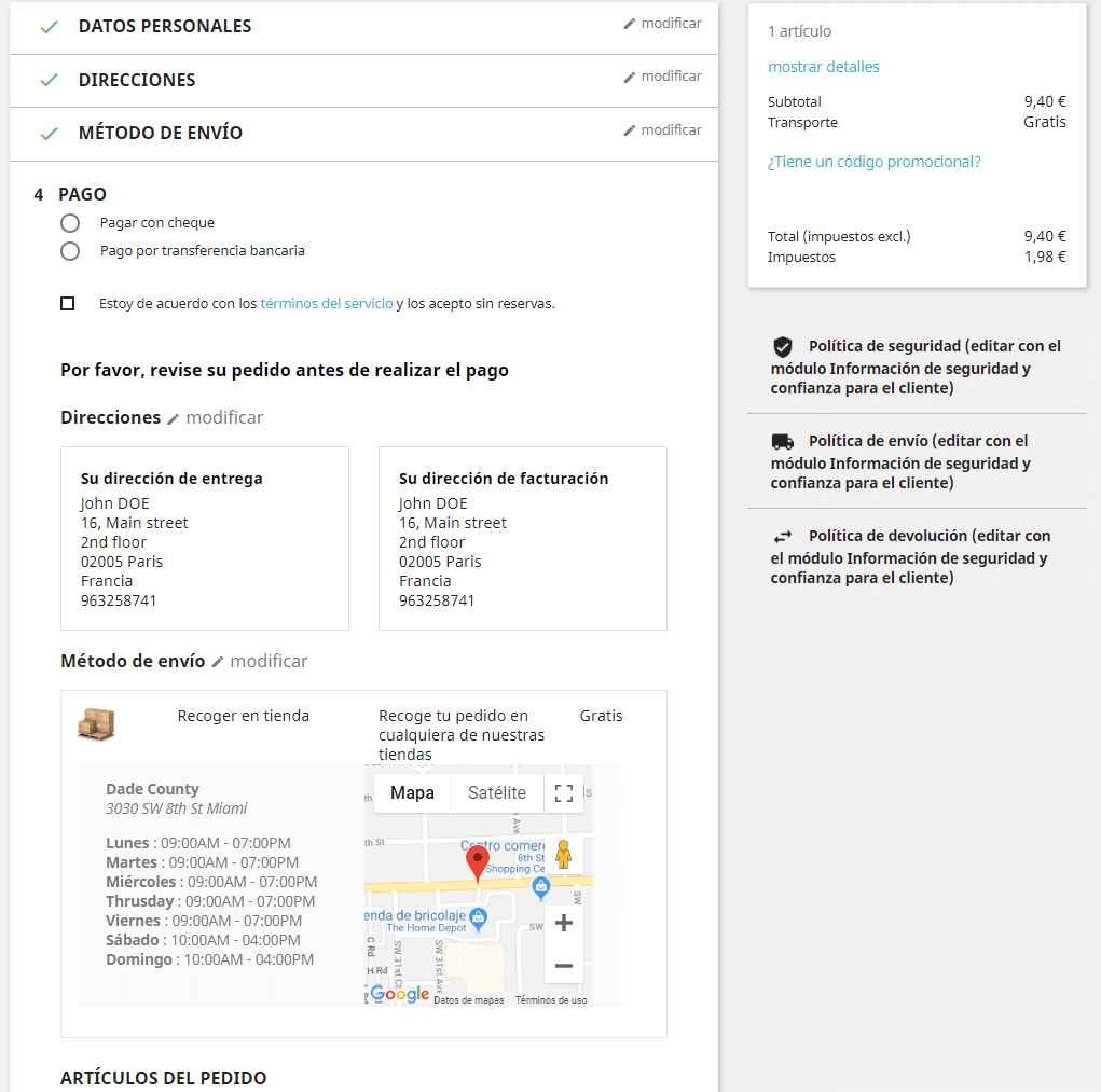 Datos de la tienda en el pedido
