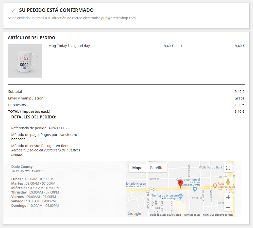 Muestra la tienda seleccionada en la confirmación del pedido
