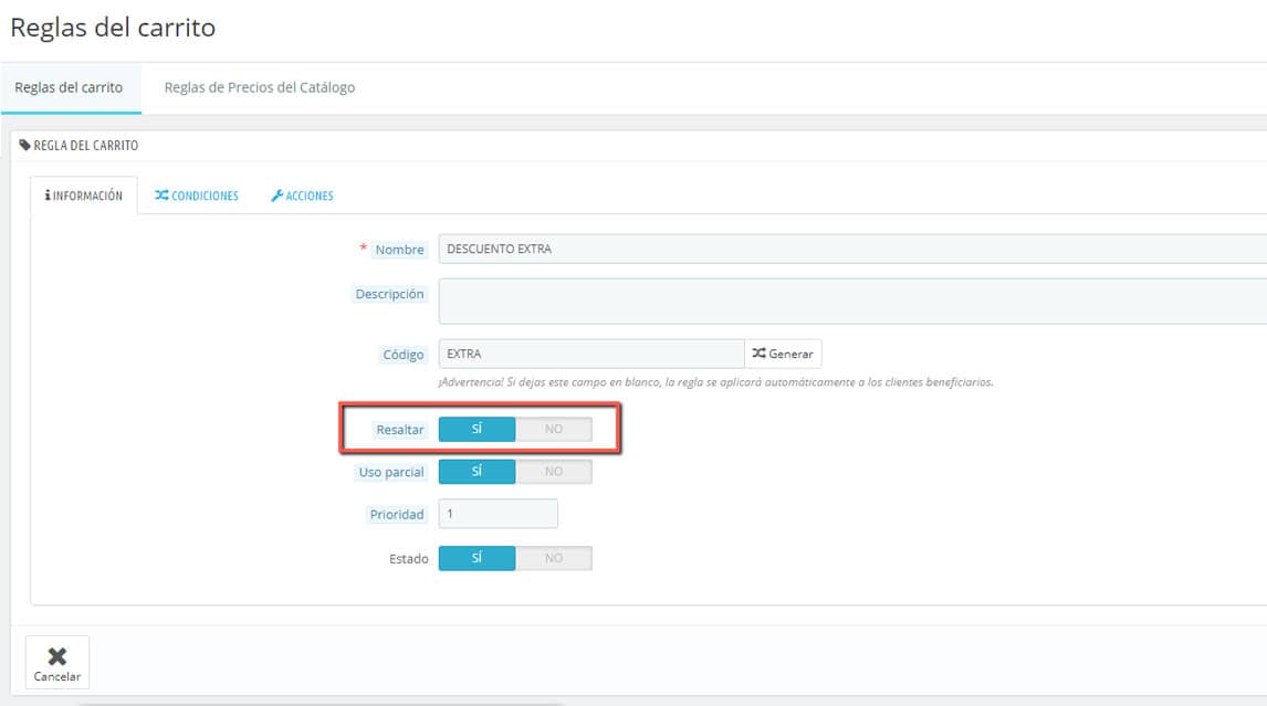 Activación visualización cupón destacado