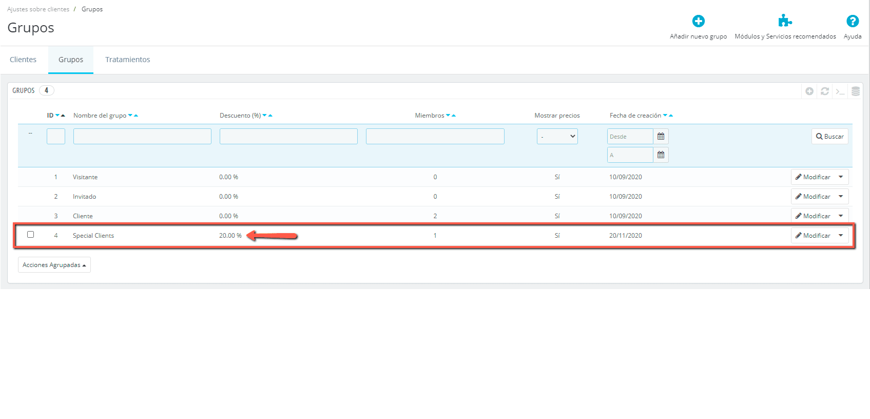 Grupo de cliente con descuento
