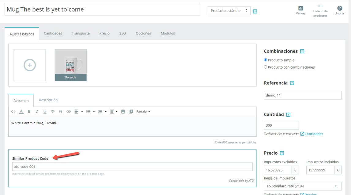 Configuración de productos similares o relacionados a través de un código