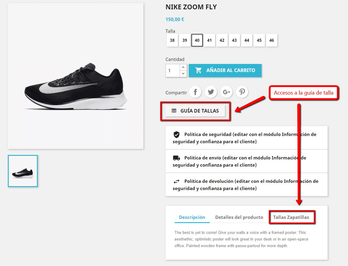 Visualización acceso XTO SizeCharts desde la ficha del producto