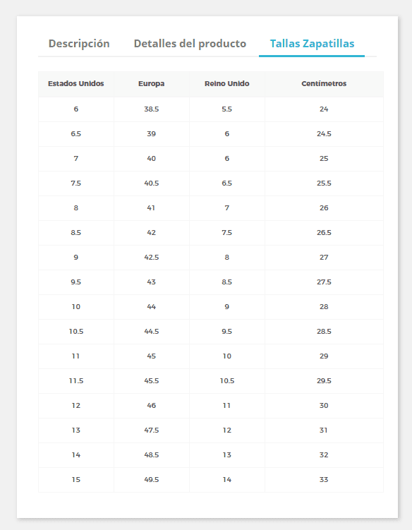 Visualización XTO SizeCharts como un extra tabs