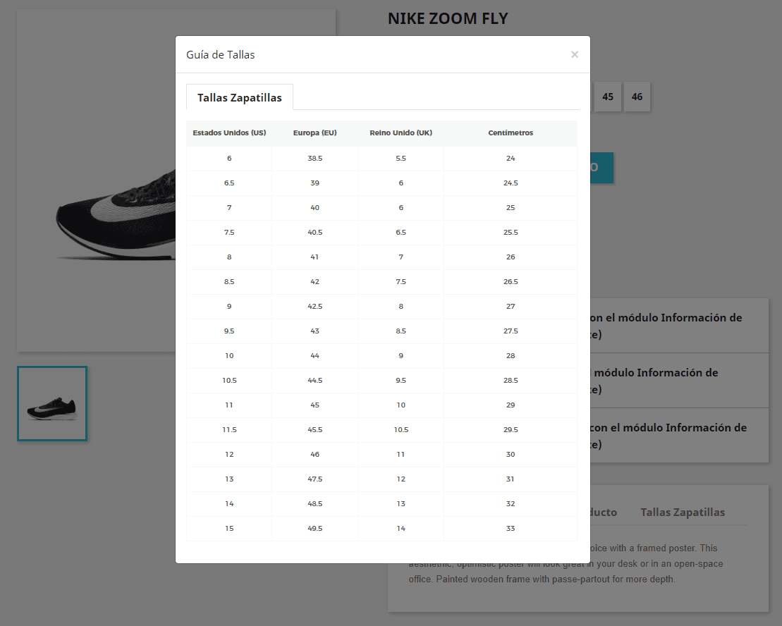 Visualización XTO SizeCharts mediante un popup