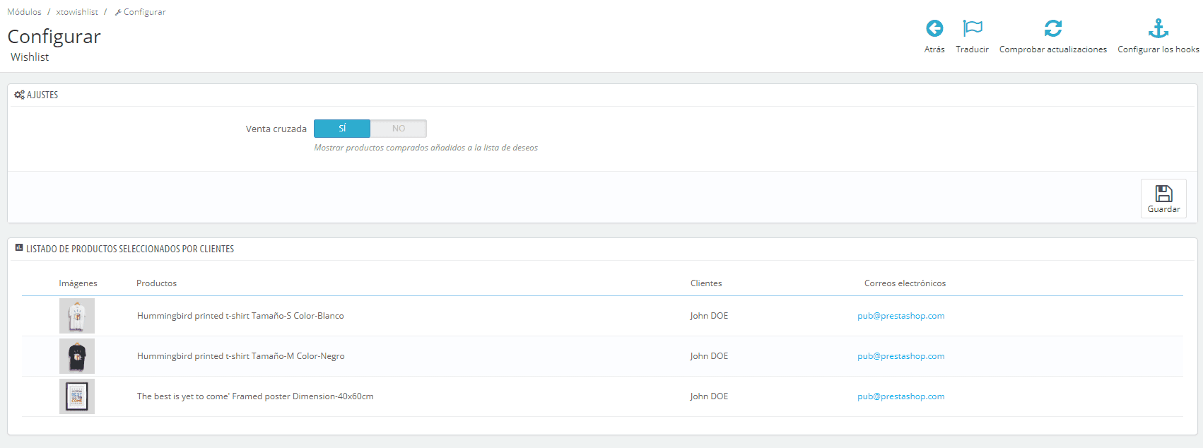 Lista de deseos de usuarios backoffice Prestashop
